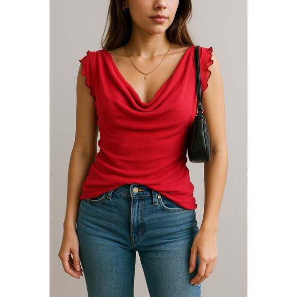 Free People Red Sheer Knit Cowl Neck Ruffle Sleeve Top Y2K Style Boho Romantic M - Picture 1 of 8